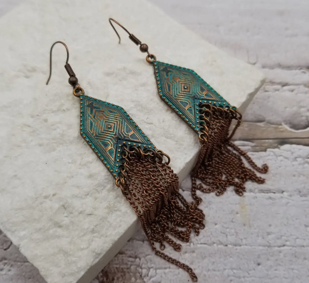 Boho Patina Geometric Fringe Earrings